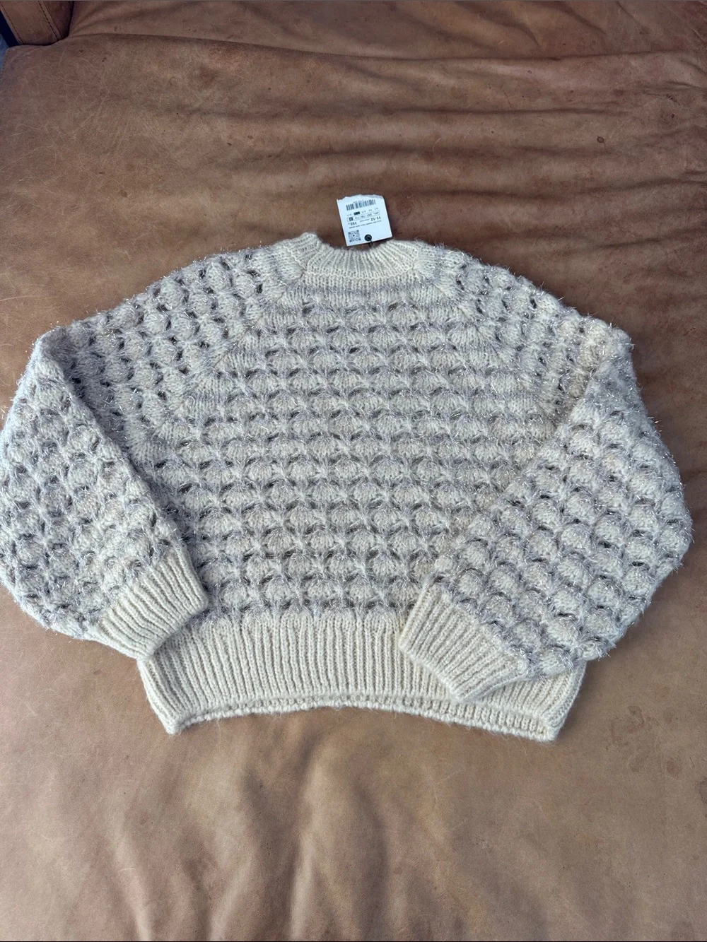 Zara Girls Cream Chunky Bubble Knit Crewneck Sweater size 12